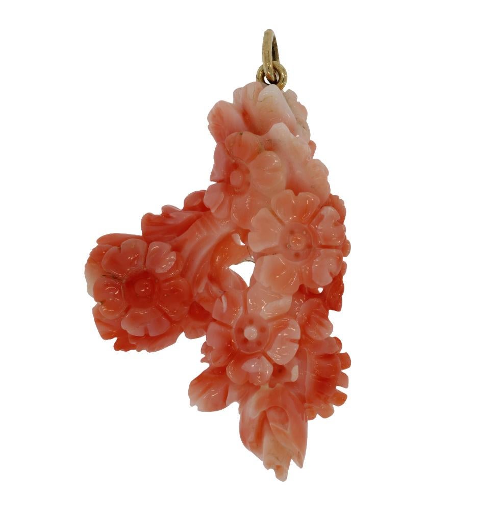 Koraal antieke 14k gouden ketting hanger bloem roos vintage, Verzenden, Goud, Hanger, Met edelsteen