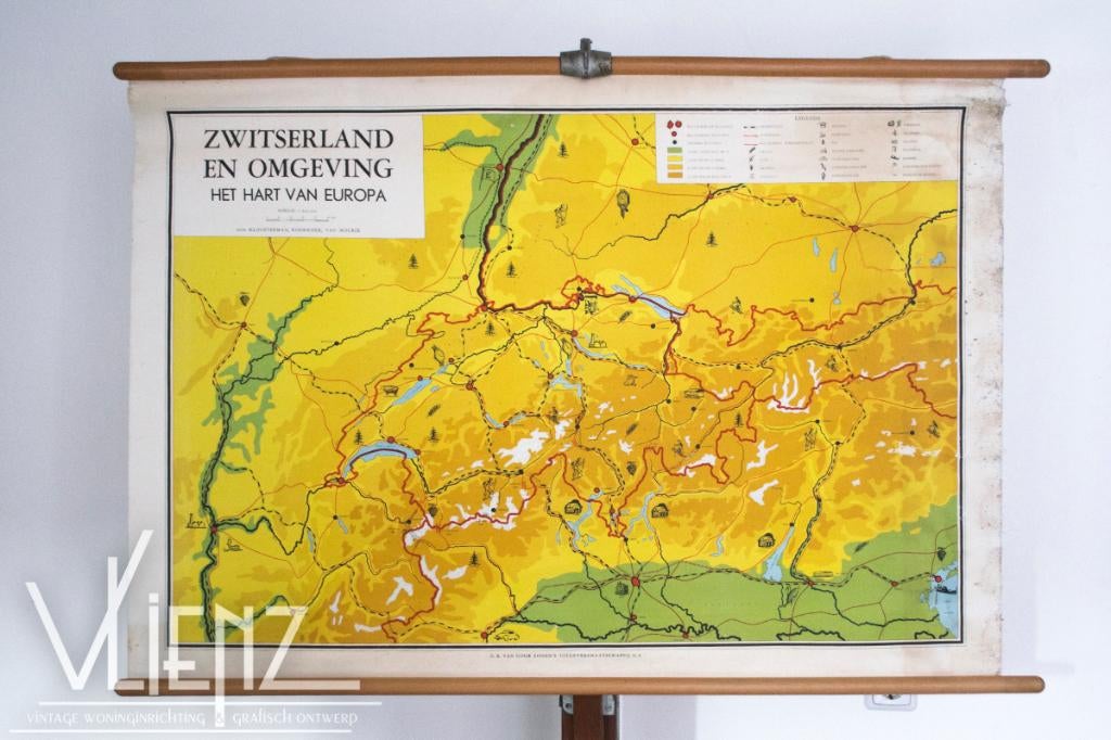Vintage schoolkaart, schoolplaat, poster Zwitserland, Europa, Ophalen, Aardrijkskunde