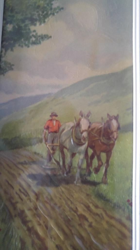 Boer achter zijn ploeg met paarden. Leuk oud schilderijtje., Ophalen of Verzenden