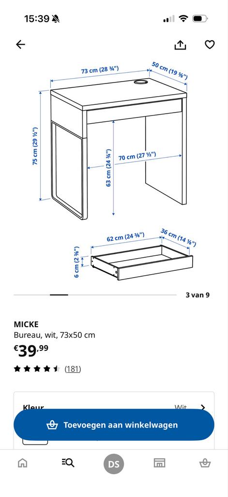 IKEA Micke bureau wit, Huis en Inrichting, Bureaus, Ophalen, Gebruikt, Met lades, IKEA