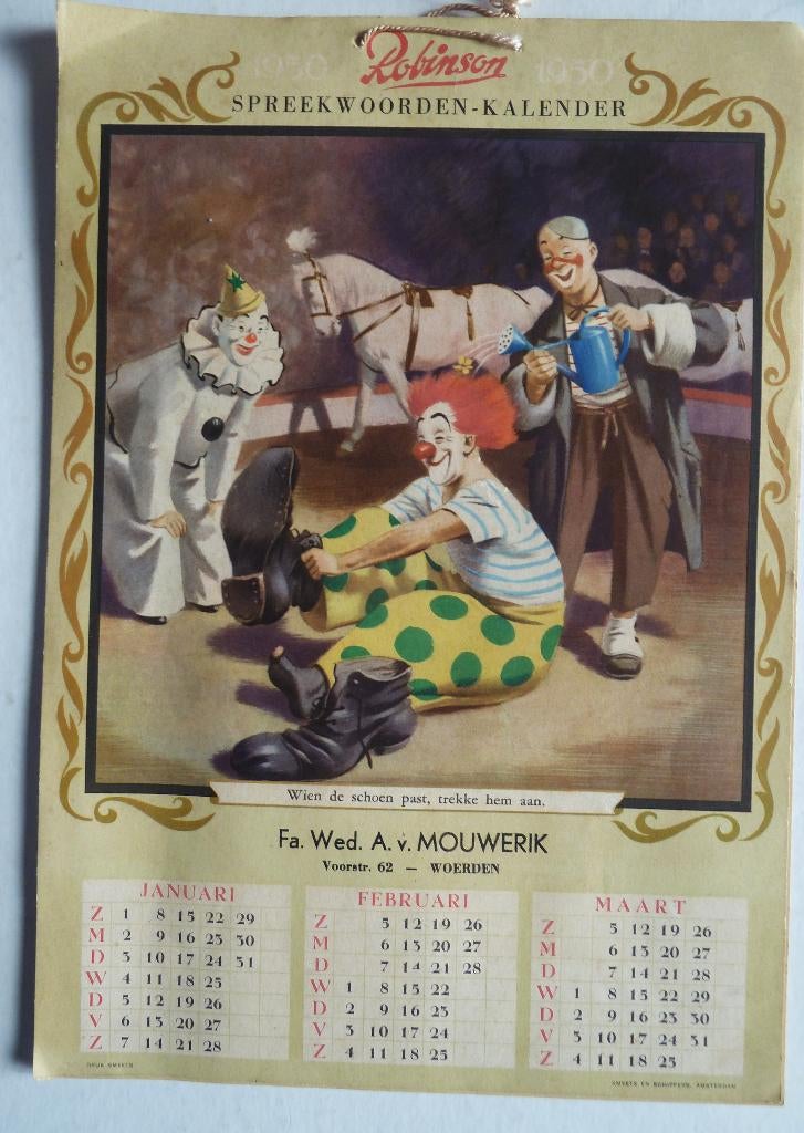 Robinson schoenen kalender 1950 Circus Mouwerik Woerden, Verzamelen, Merken en Reclamevoorwerpen, Ophalen of Verzenden, Gebruikt