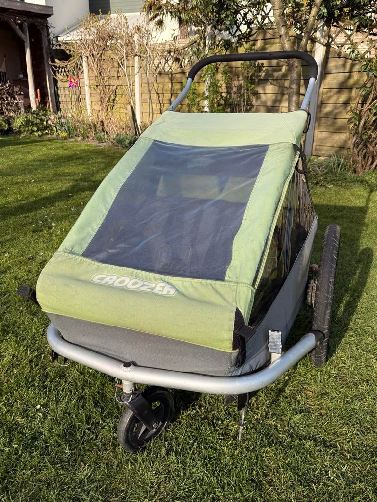Croozer Kid for 2 fietskar met regenhoes en hardloopset, Ophalen, Gebruikt, Opvouwbaar, Kinderkar