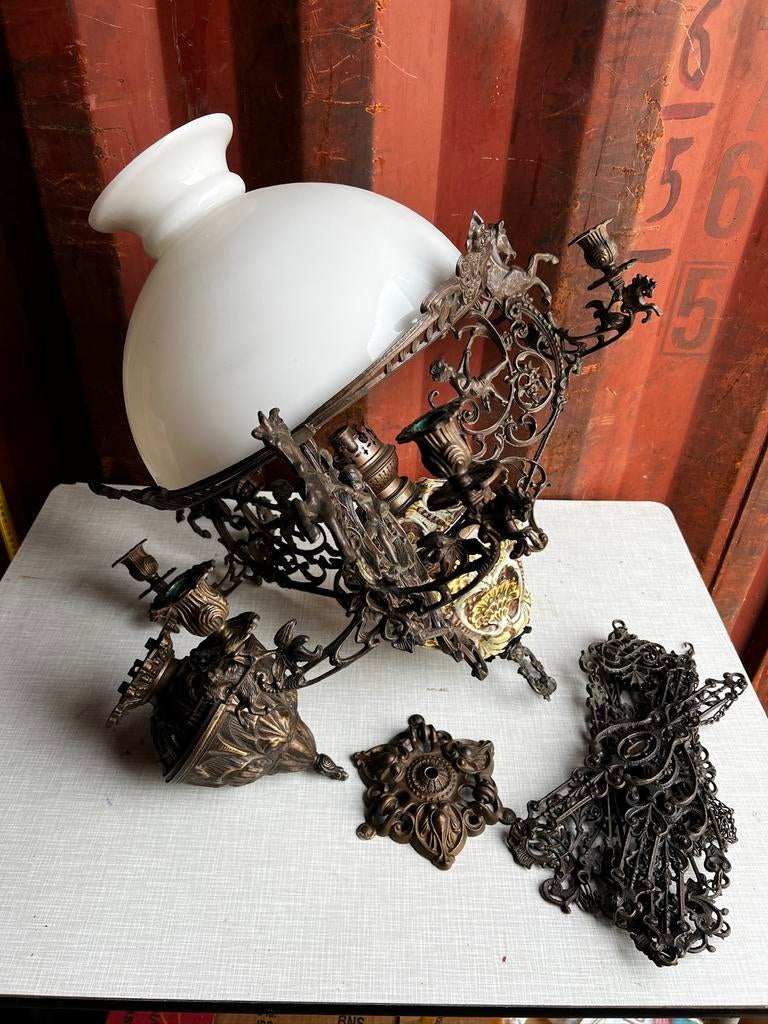 Klassieke olie Hanglamp, Gebruikt, 50 tot 75 cm, Glas, Ophalen of Verzenden