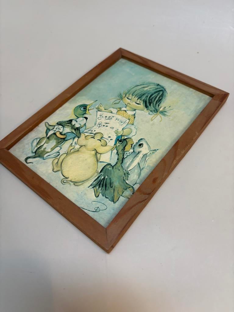 Vintage ingelijste kinderprent: Meisje met dieren, Ophalen of Verzenden