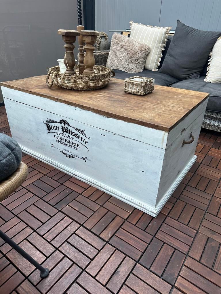 Salontafel kist met houten blad, Huis en Inrichting, Tafels | Salontafels, Gebruikt, 100 tot 150 cm, Riviera maison, Rechthoekig