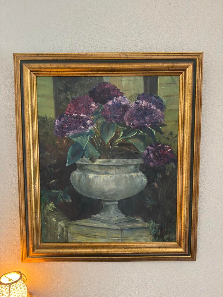 Schilderij met Hortensia's in Pot - Klassieke Stijl, Antiek en Kunst, Ophalen of Verzenden