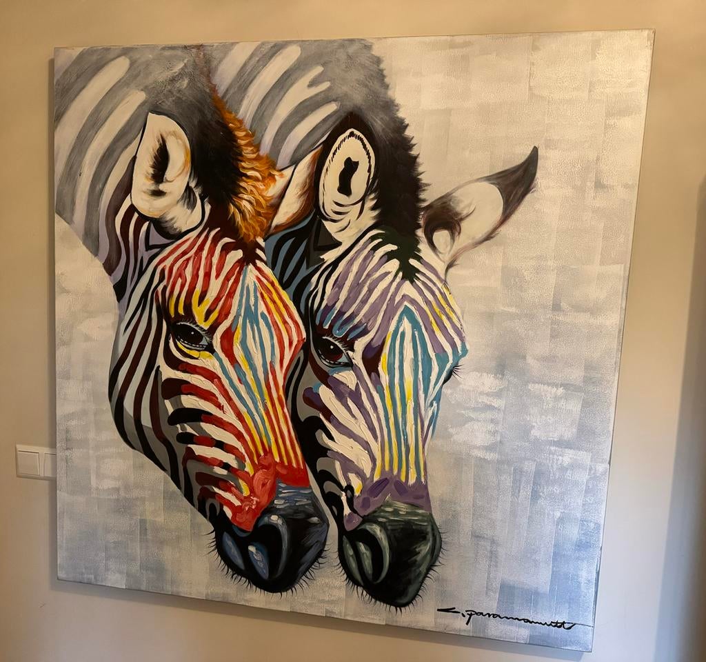 Kleurrijk schilderij met zebra's, L. Paramount, Antiek en Kunst, Kunst | Schilderijen | Modern, Ophalen