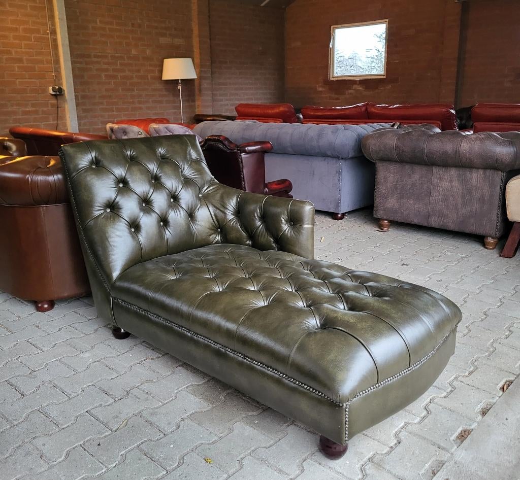 Chesterfield chaise lounge olive green, groen leer, Ophalen, Eenpersoons, Chesterfield, Leer
