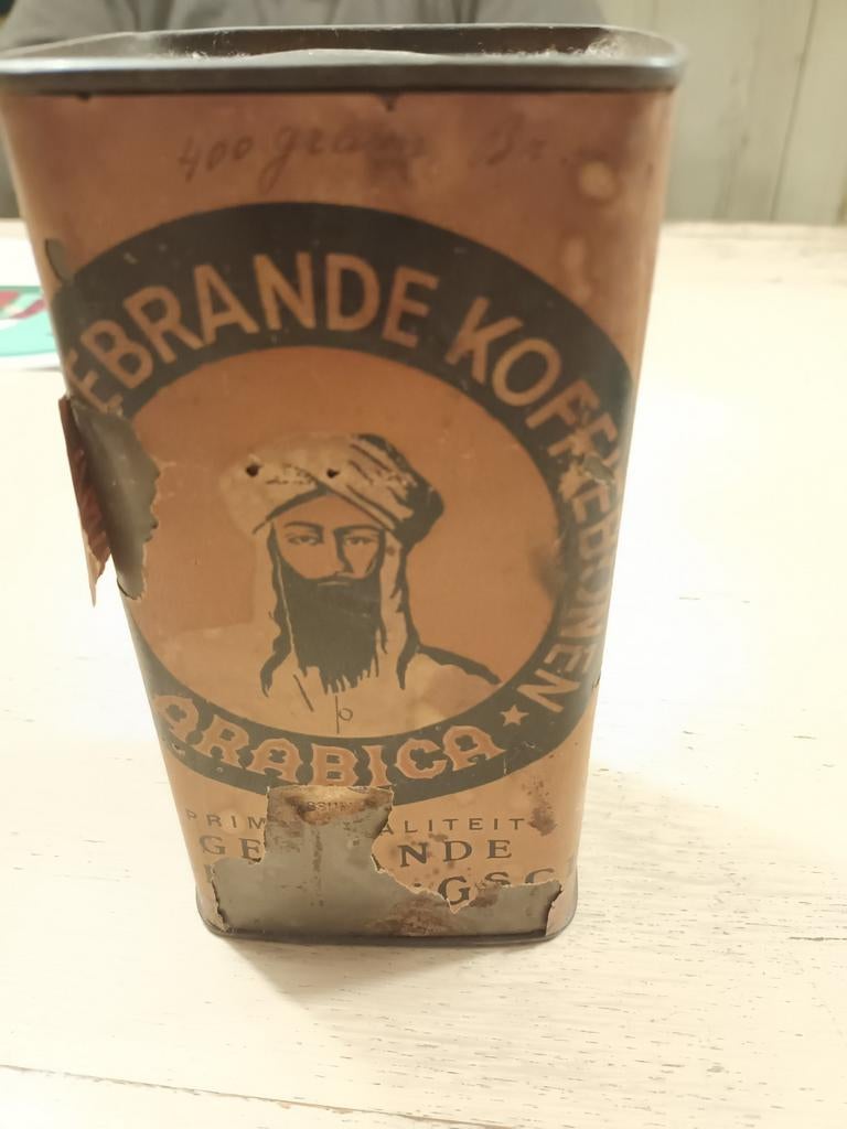 Antiek blik Arabica koffiebonen.Blik met inhoud.Museum, Ophalen of Verzenden, Gebruikt