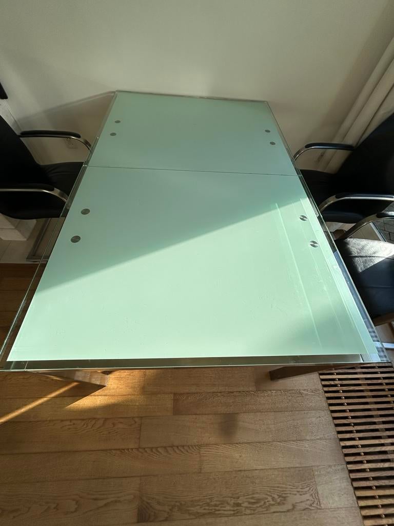 Glazen eettafel met metalen onderstel, Ophalen, Gebruikt, 50 tot 100 cm, Glas