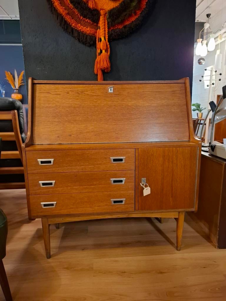 Vintage secretaire wandkast teak bureau mid century design, Vintage mid century design jaren 60 70, ..., Ophalen of Verzenden