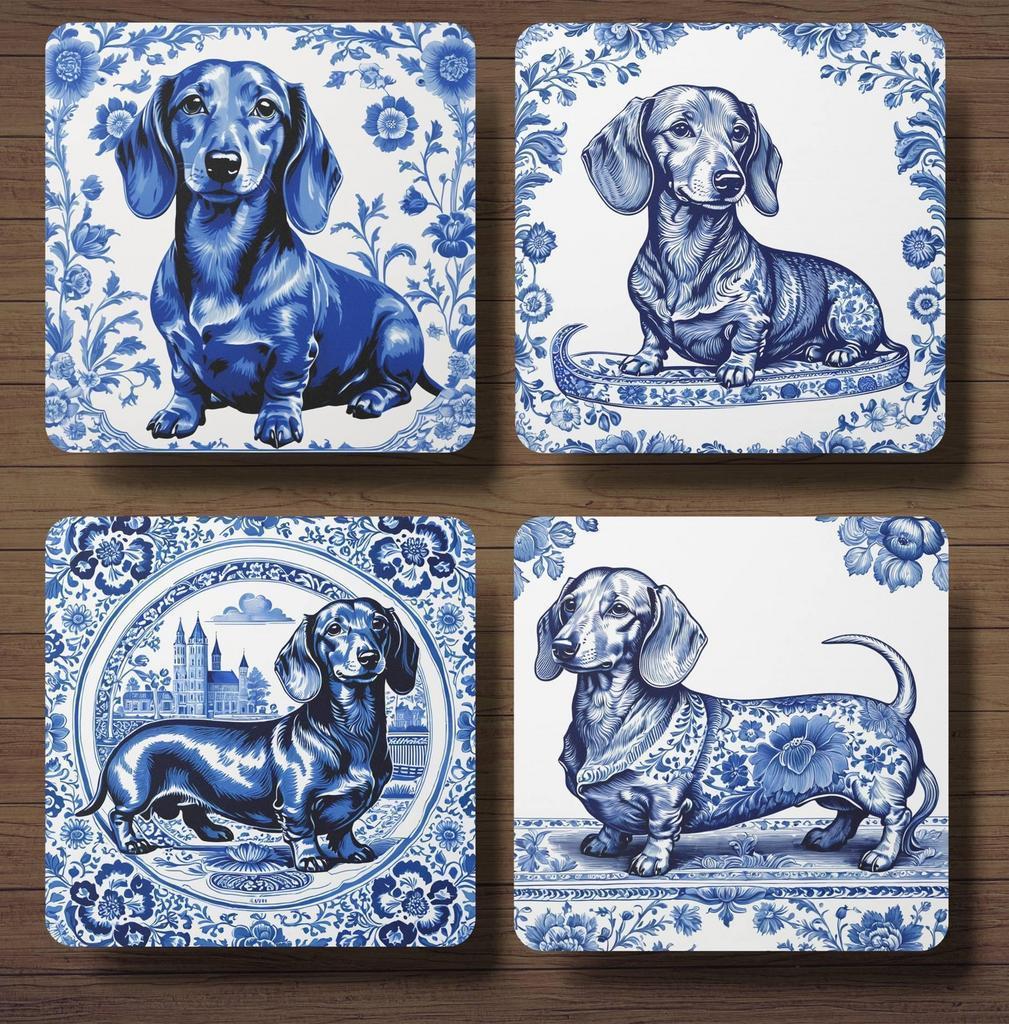 Teckel Delfts Blauw onderzetters met houder, Ophalen of Verzenden, Nieuw, Glas of Kopje