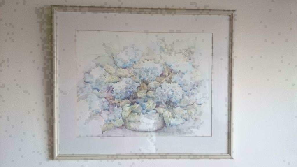 Aquarel van Ellen Kroon.  Gesigneerd  Hortensia`s maten lijs, Antiek en Kunst, Ophalen of Verzenden