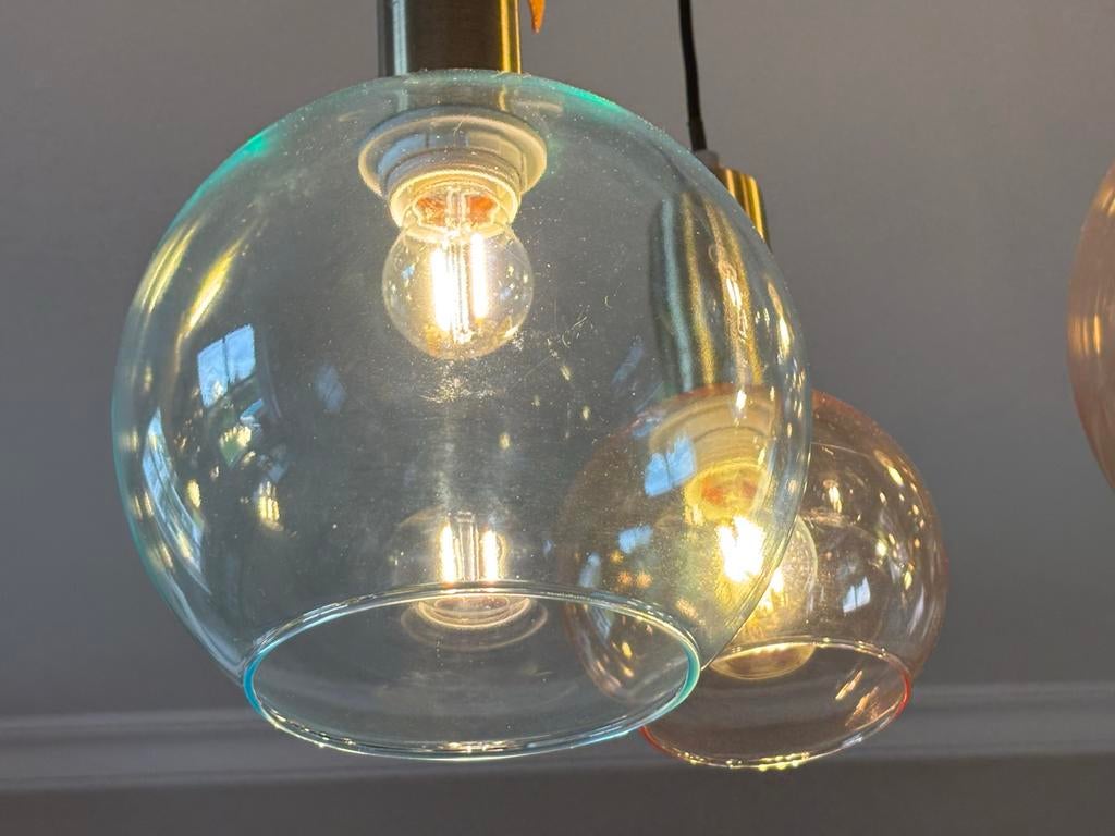 Moderne hanglamp met 6 glazen bollen - sfeervolle verlichtin, Ophalen of Verzenden, Zo goed als nieuw, Glas, 75 cm of meer