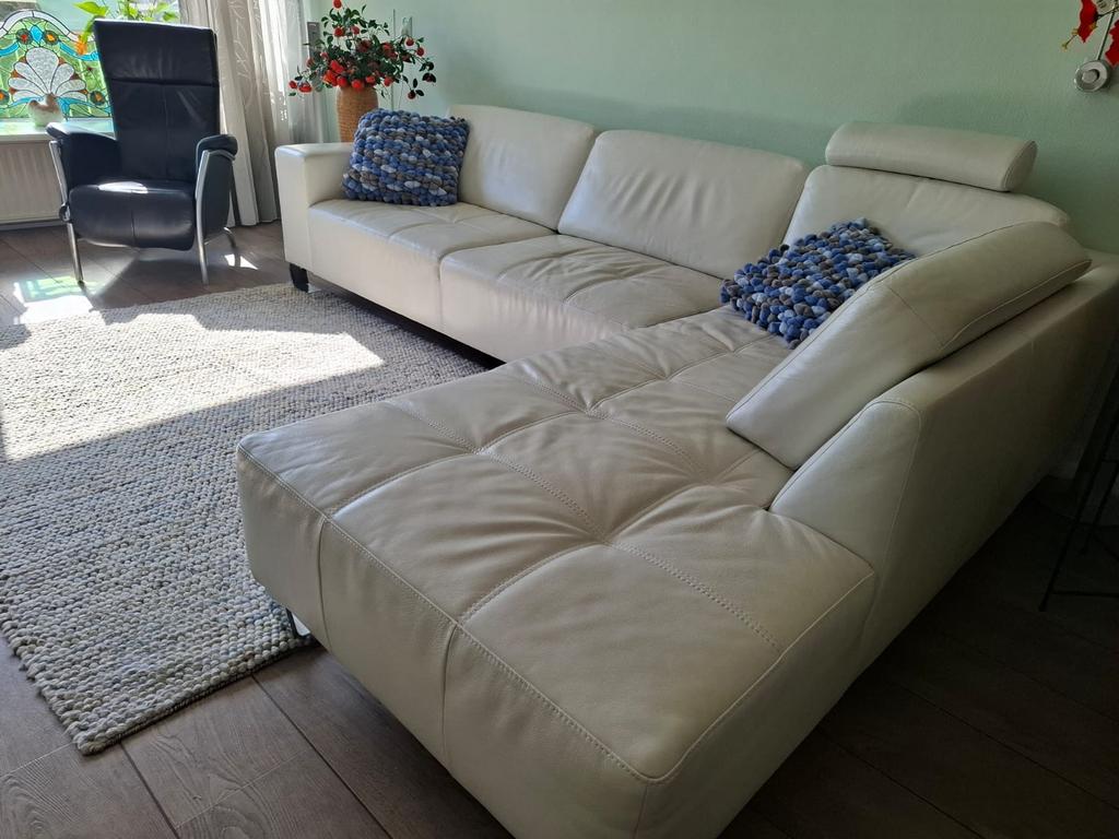 Wit leren bankstel met gratis hocker - nette staat, Ophalen, Zo goed als nieuw, Leer