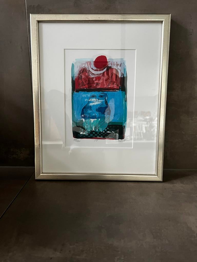 Kleurrijke Ets van Saad Ali Abstracte Compositie met Figuren, Ophalen, Dagelijks leven, Gesigneerd, 1950 - 1999