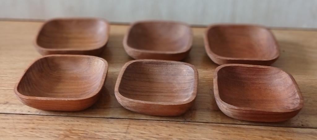 Set van 6 teakhouten snackschaaltjes, Overige materialen, Gebruikt, Overige typen, Ophalen of Verzenden