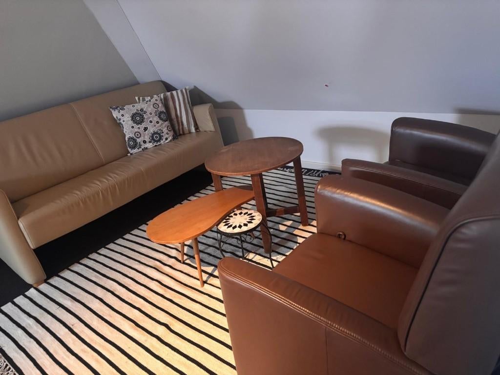 Topform leren bank en twee fauteuils, Ophalen, Gebruikt, 150 tot 200 cm, Driepersoons