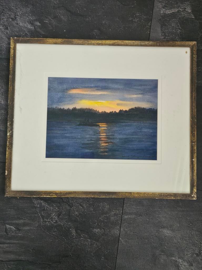 Schilderij zonsondergang aan het water, Ophalen of Verzenden