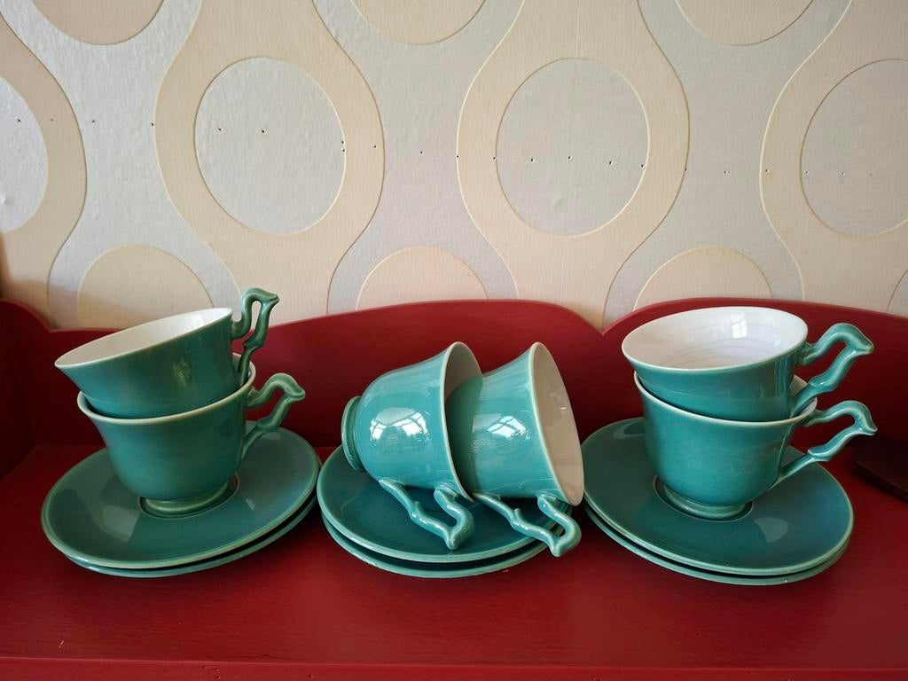 Zes groene kopjes en schotels Huizen, Antiek en Kunst, Ophalen