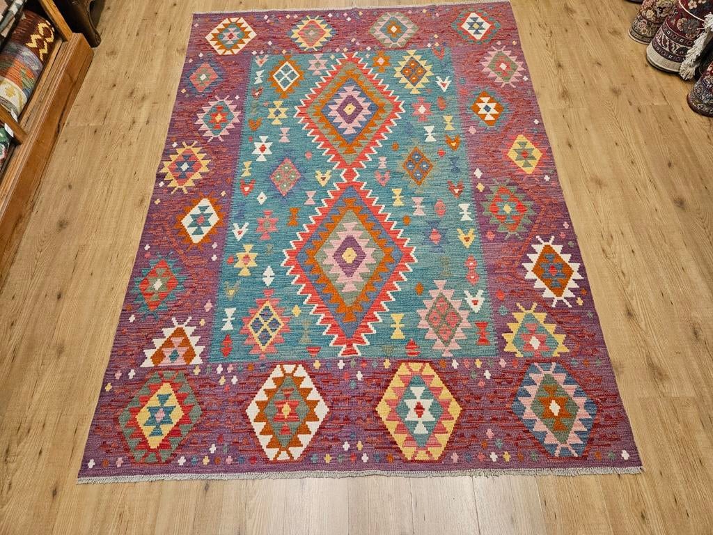 Handgeweven oosterse wollen kelim 244x177, Info@SlatsAntiek.nl, 150 tot 200 cm, Vof Slats Antiek, Crème