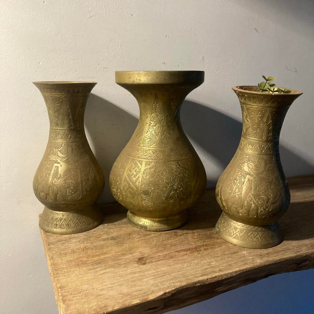 Set van drie vintage koperen vazen, Antiek en Kunst, Ophalen of Verzenden