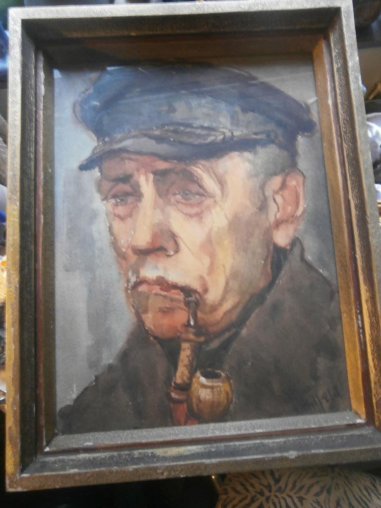 Mooi doorleeft portret Oude man met pijp gesigneerd, Ophalen