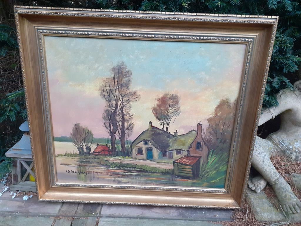 Gesigneerd olieverf schilderij - Hollands landschap, Ophalen of Verzenden