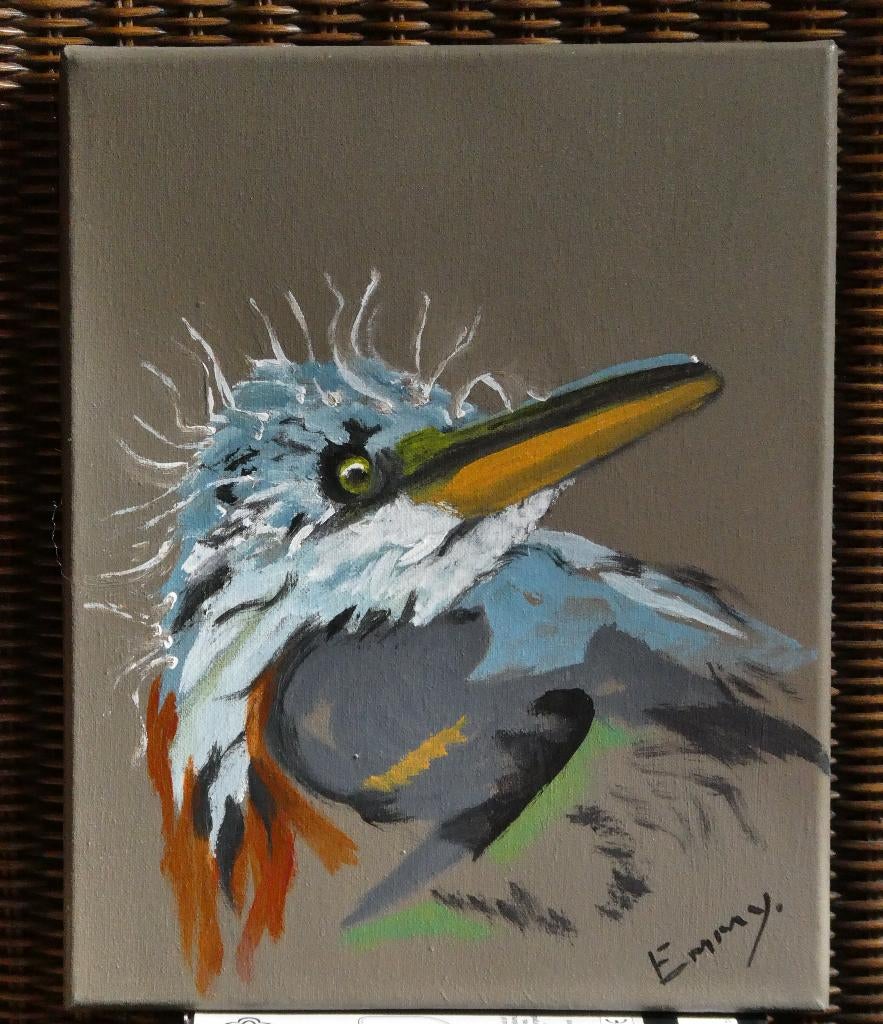 schilderij, jonge reiger 24x30 cm Acryl, Ophalen of Verzenden