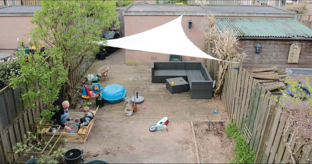Schaduwdoek driehoek beige, Tuin en Terras, Schaduwdoeken, Ophalen, Gebruikt