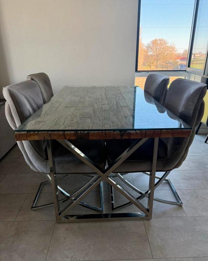 Eettafel glazen blad en houten onderblad met stoelen, Huis en Inrichting, Tafels | Eettafels, Ophalen, 200 cm of meer, 50 tot 100 cm