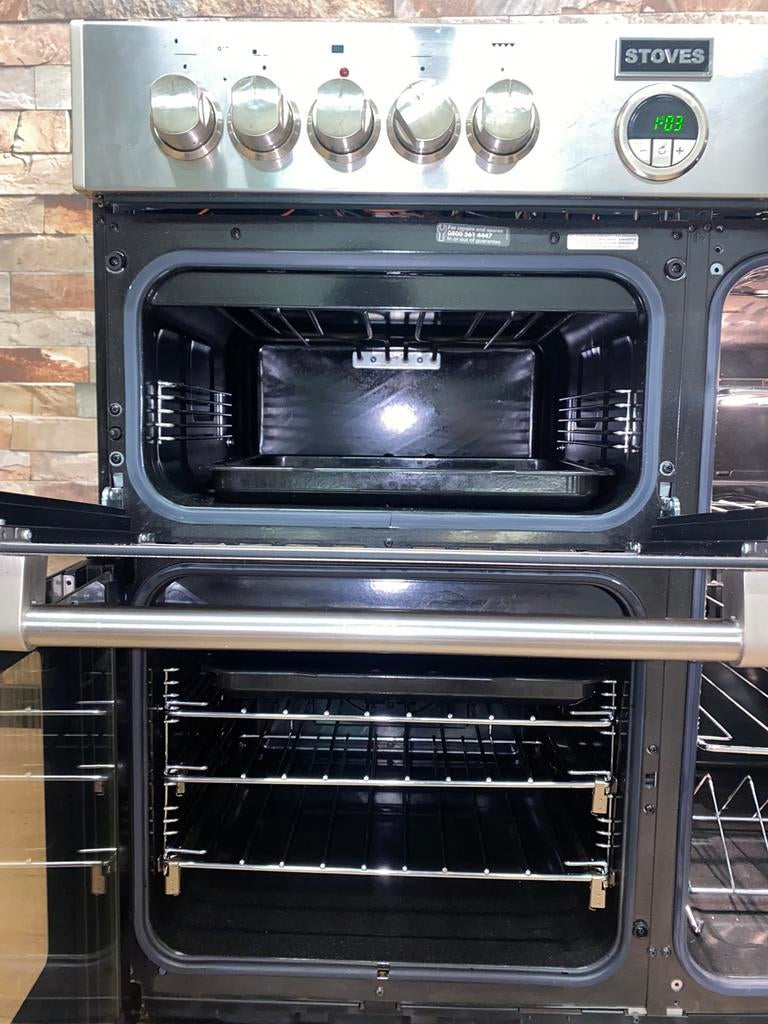 Mooie Stoves gasfornuis 5 pits met 3 ovens RVS 90 cm, Gebruikt, 60 cm of meer, Ophalen of Verzenden, Energieklasse A of zuiniger