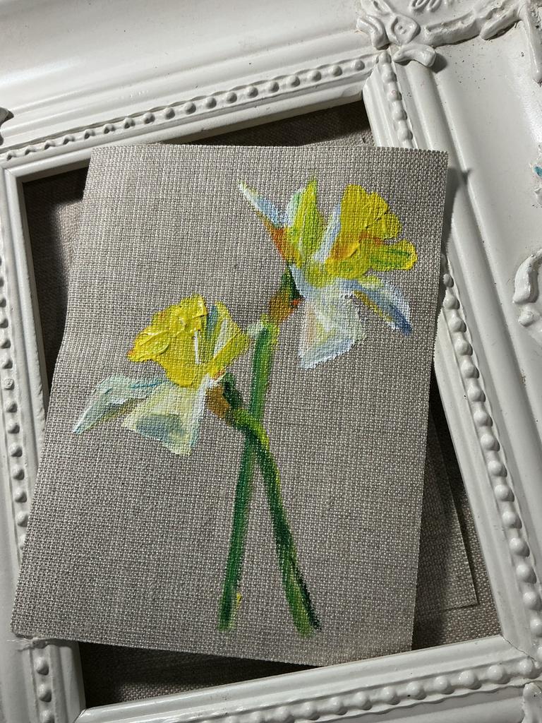 Narcis Linnen ~ kleintje kunst ~ atelier, Ophalen of Verzenden, Zo goed als nieuw, Minder dan 50 cm, Schilderij