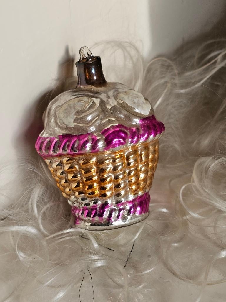 Oude Antieke AJEKO kerstbal / bloemenmandje pink blauw . 4, Ophalen of Verzenden