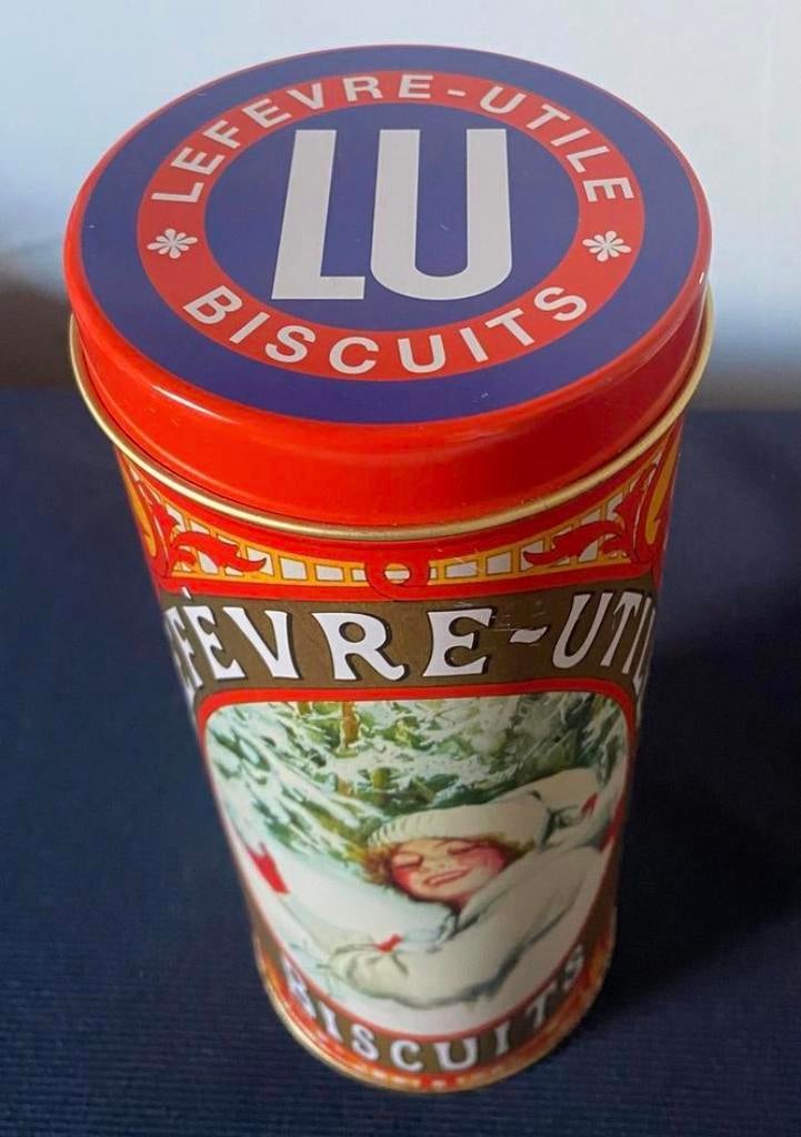 Hoog rond blik van Lu Lefévre-Utile Biscuits.H.21 D.8,5 cm, Verzamelen, Ophalen of Verzenden, Zo goed als nieuw, Koek(jes), Overige merken