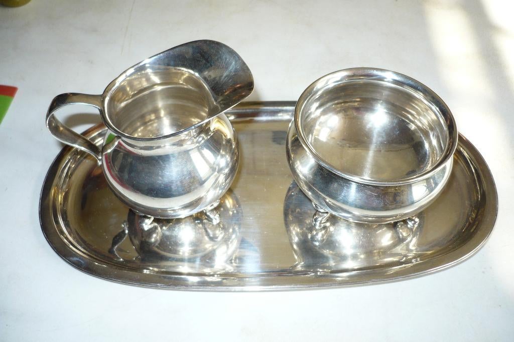 Schitterend puntgaaf antiek zilveren roomstel met onderblad, Antiek en Kunst, Ophalen of Verzenden, Zilver