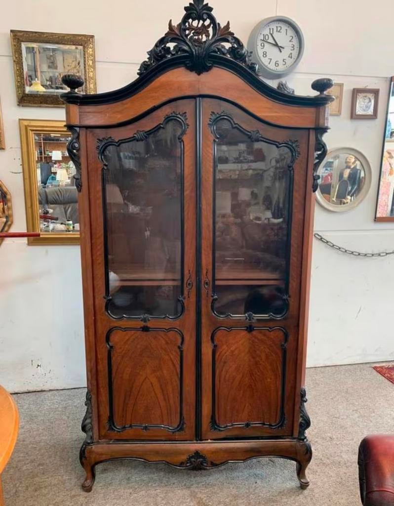 Kast mooie antieke mahoniehouten ebony vitrine kuifkast., Antiek en Kunst, Antiek | Meubels | Kasten, Ophalen of Verzenden