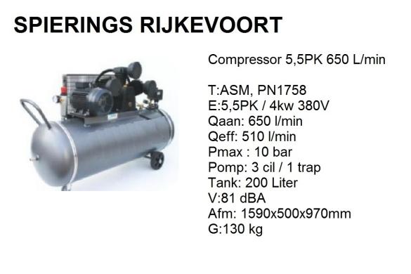 Compressor perslucht 650 L/min 10 bar 5,5 pk Spierings, Niet ingevuld, Nieuw, Niet ingevuld, Niet ingevuld
