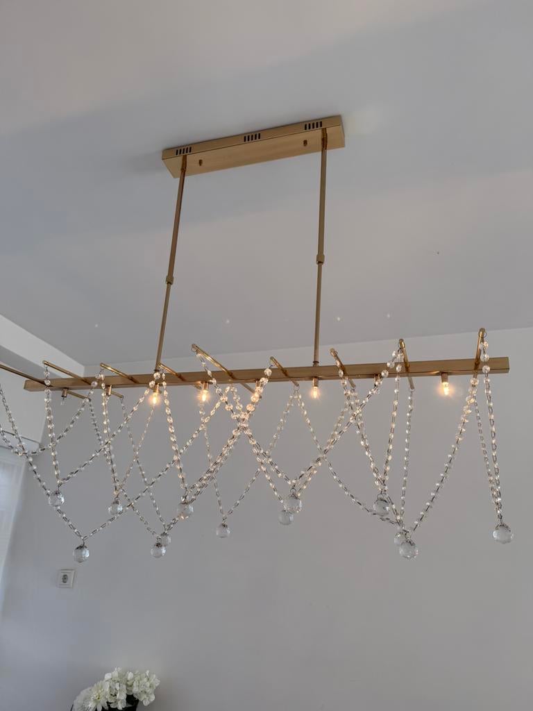 Langwerpige gouden hanglamp, Huis en Inrichting, Lampen | Hanglampen, Ophalen, Zo goed als nieuw, Metaal, Minder dan 50 cm