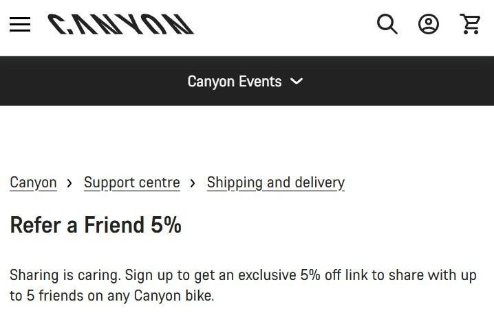 5% refer-a-friend kortingscode voor een fiets van Canyon, Eén persoon, Kortingsbon, Overige typen