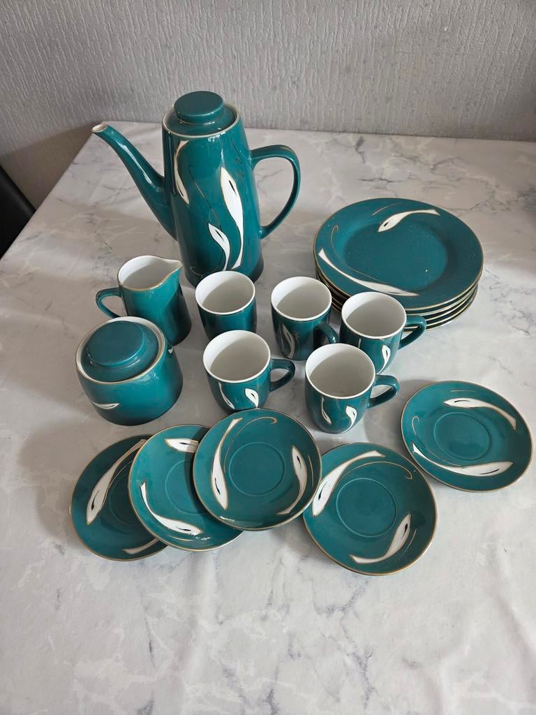 Vintage  Koffieservies - Petrolgroen met Goudaccenten, Ophalen, Keramiek, Zo goed als nieuw, Overige stijlen