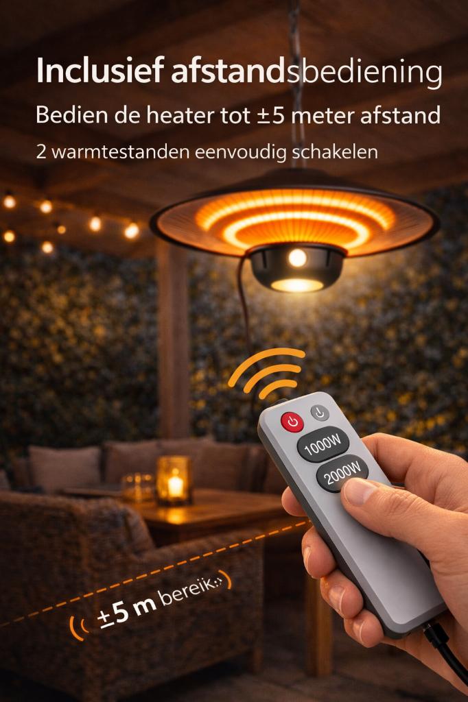Hangende Terrasverwarmer 2000W – met Afstandsbediening, Elektrisch, Waterbestendig, Nieuw, Ophalen of Verzenden