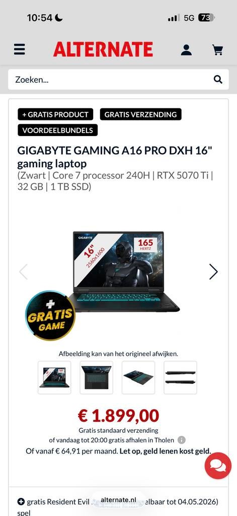 GIGABYTE A16 PRO DXH Game laptop – RTX 5070 Ti – Nieuwstaat!, Ophalen, Zo goed als nieuw, Gaming, SSD