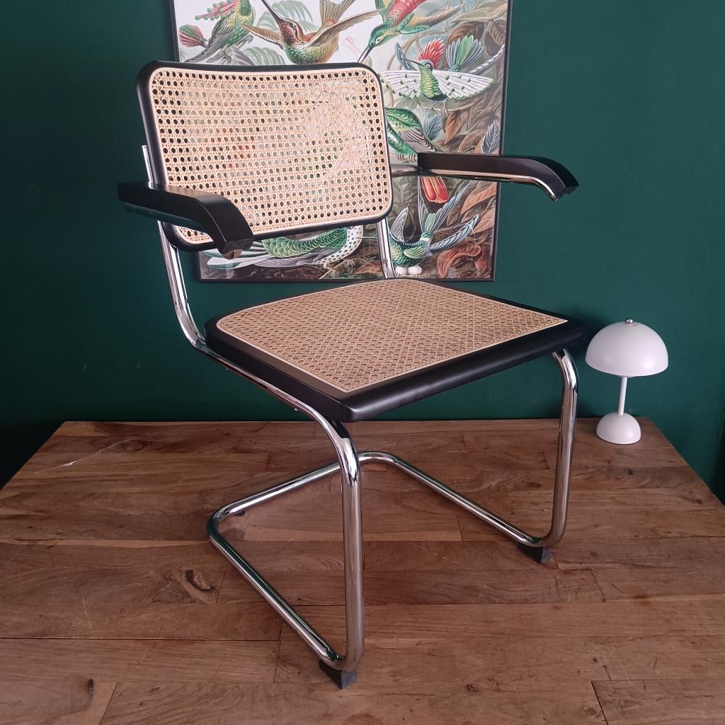 2x Thonet Cesca Breuer buisframe stoel zwart rotan webbing, Twee, Hout, Zwart, Ophalen of Verzenden