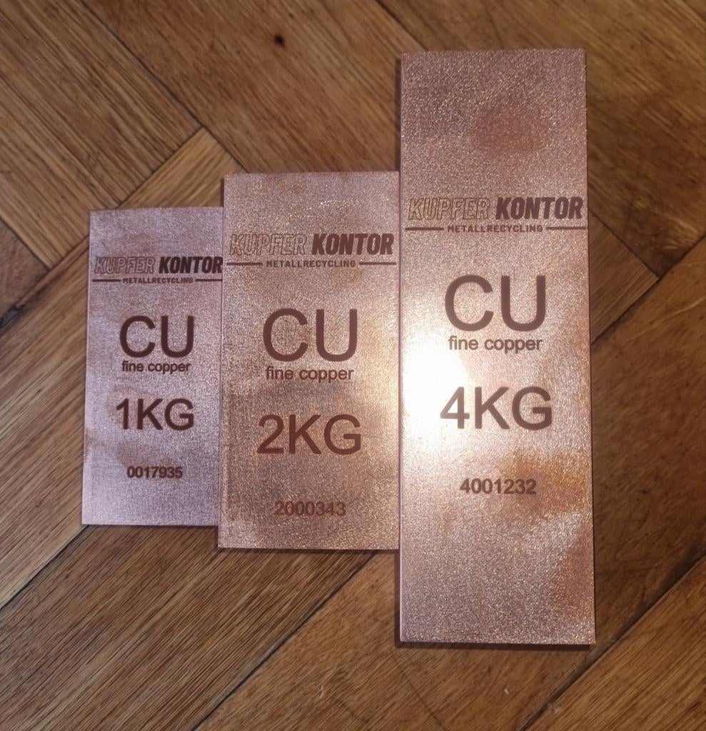 Koperbaren 1kg, 2kg, 4kg - Met Certificaat - 999 Fine Coppe, Postzegels en Munten, Edelmetalen en Baren, Ophalen of Verzenden