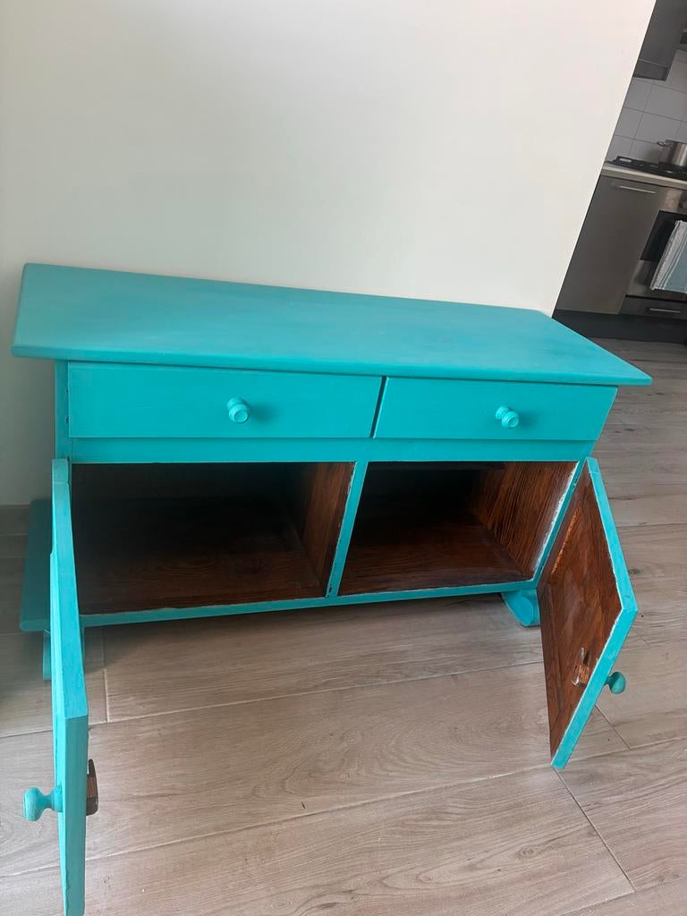 Turquoise dressoir met lades en deurtjes, Ophalen, Gebruikt, 100 tot 150 cm, Met lade(s)