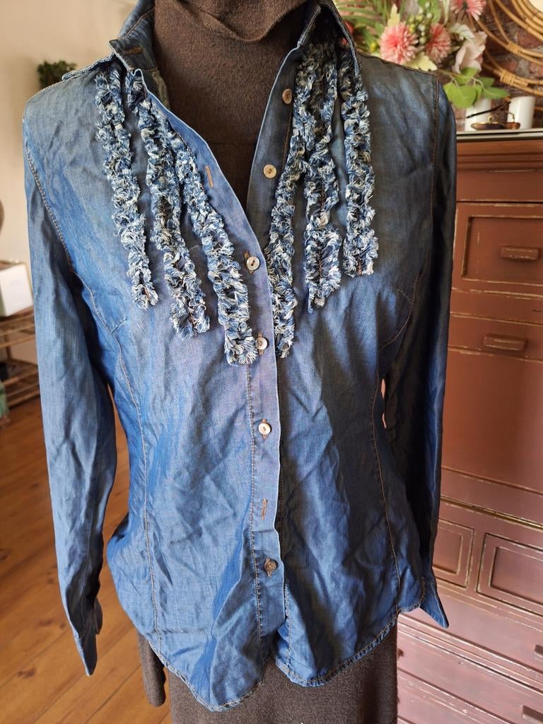 Spijker blouse 38 roesjes erg leuk, Ophalen of Verzenden, Zo goed als nieuw, Maat 38/40 (M), Blauw