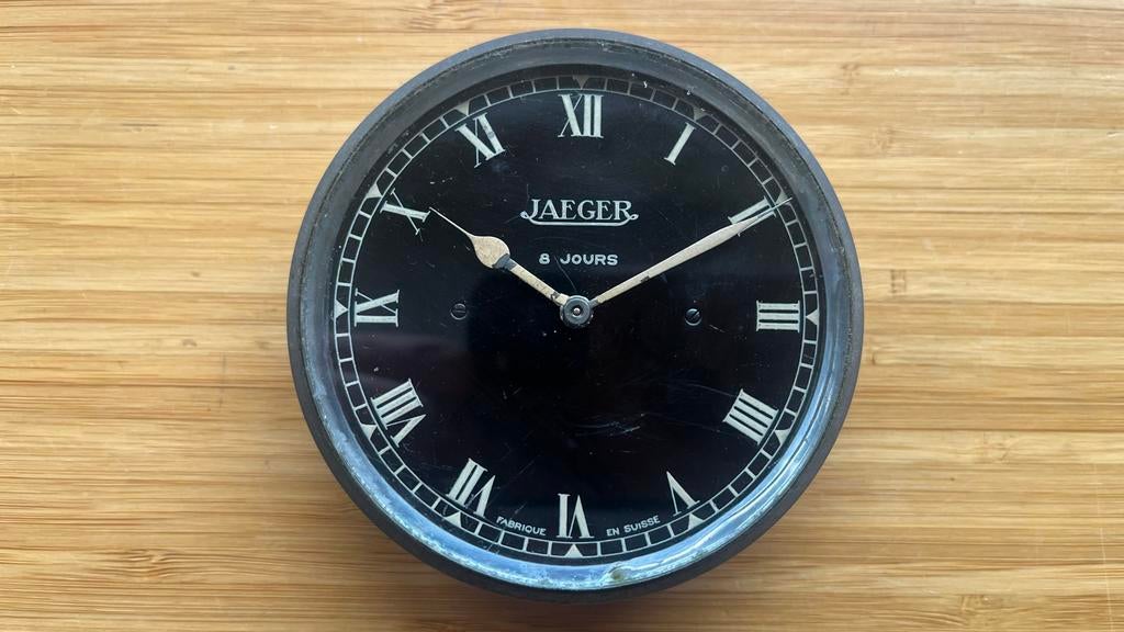 Vintage Jaeger 8 Jours Klok Onderdelen - Zwart Wijzerplaat, Antiek en Kunst, Ophalen of Verzenden