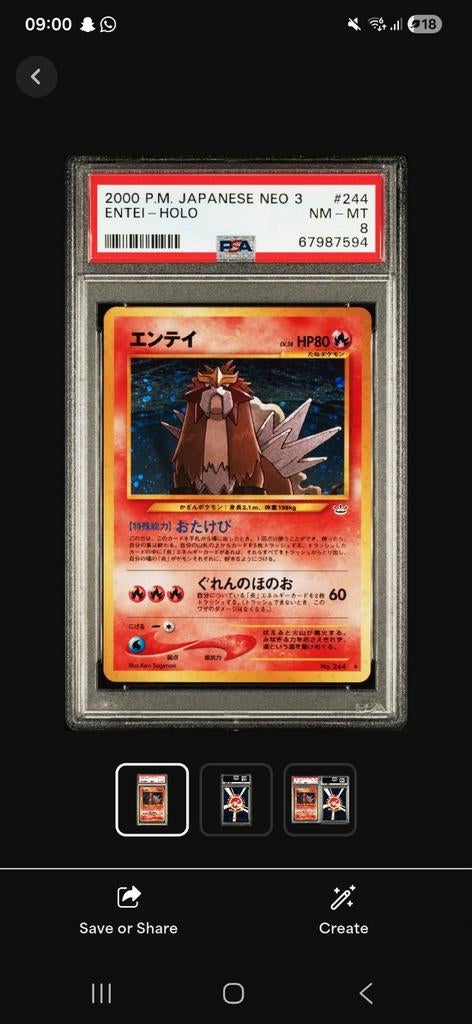 2000 Pokémon Japan Neo 3 Entei Holo PSA 8, Ophalen of Verzenden, Zo goed als nieuw, Losse kaart, Foil