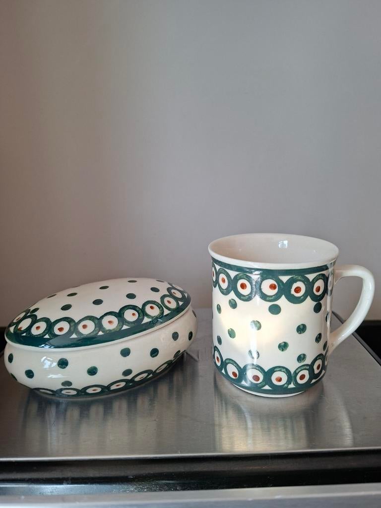 Keramiek set: Boleslawiec schaaltje met deksel en mok, Ophalen of Verzenden, Nieuw, Keramiek, Overige stijlen